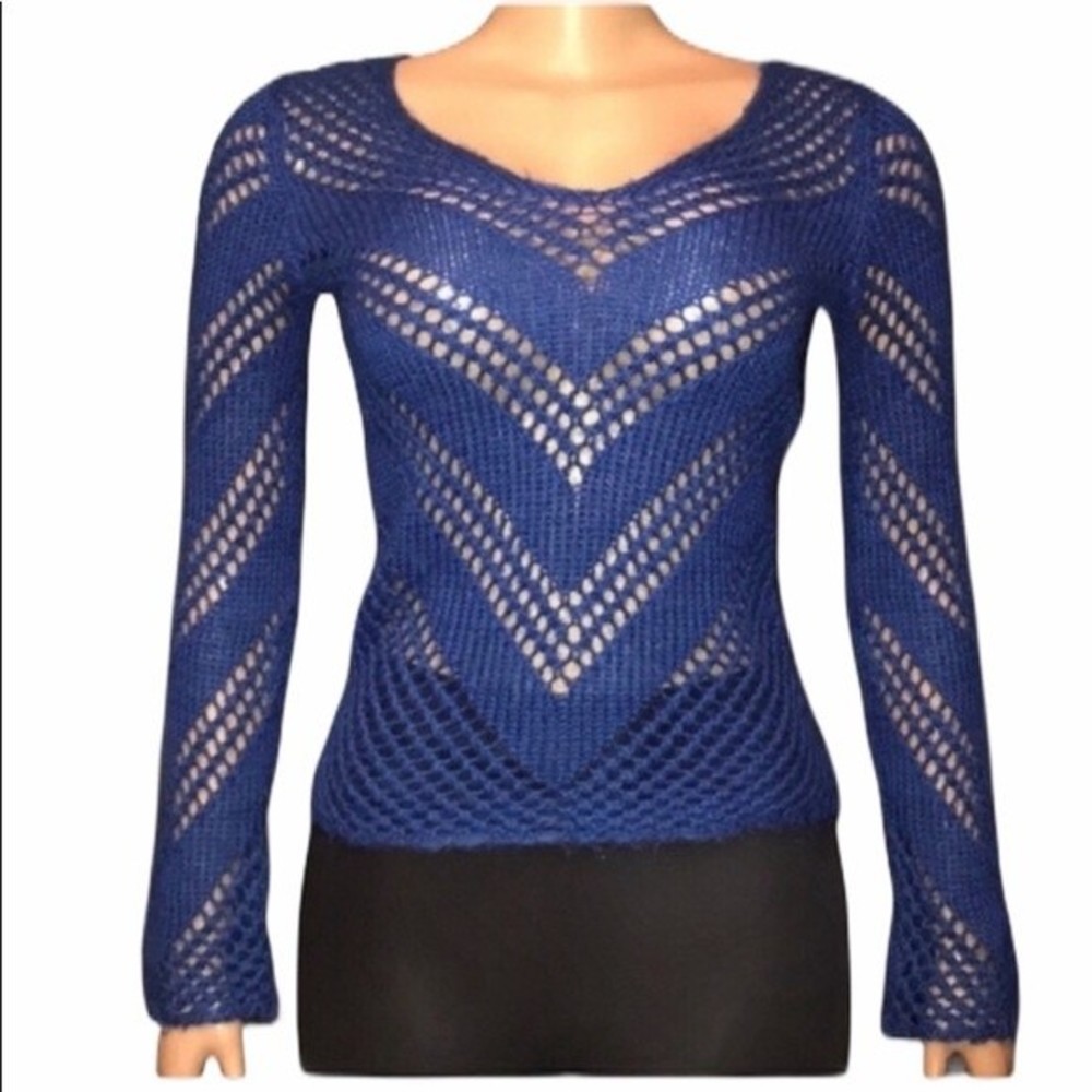 H&M open knit Sweater crochet  V neck chevron pattern long sleeve Blue size XS